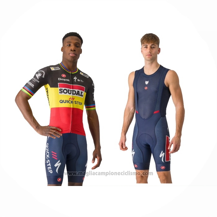2024 Abbigliamento Ciclismo Deceuninck Quick Step Nero Giallo Rosso Manica Corta e Salopette